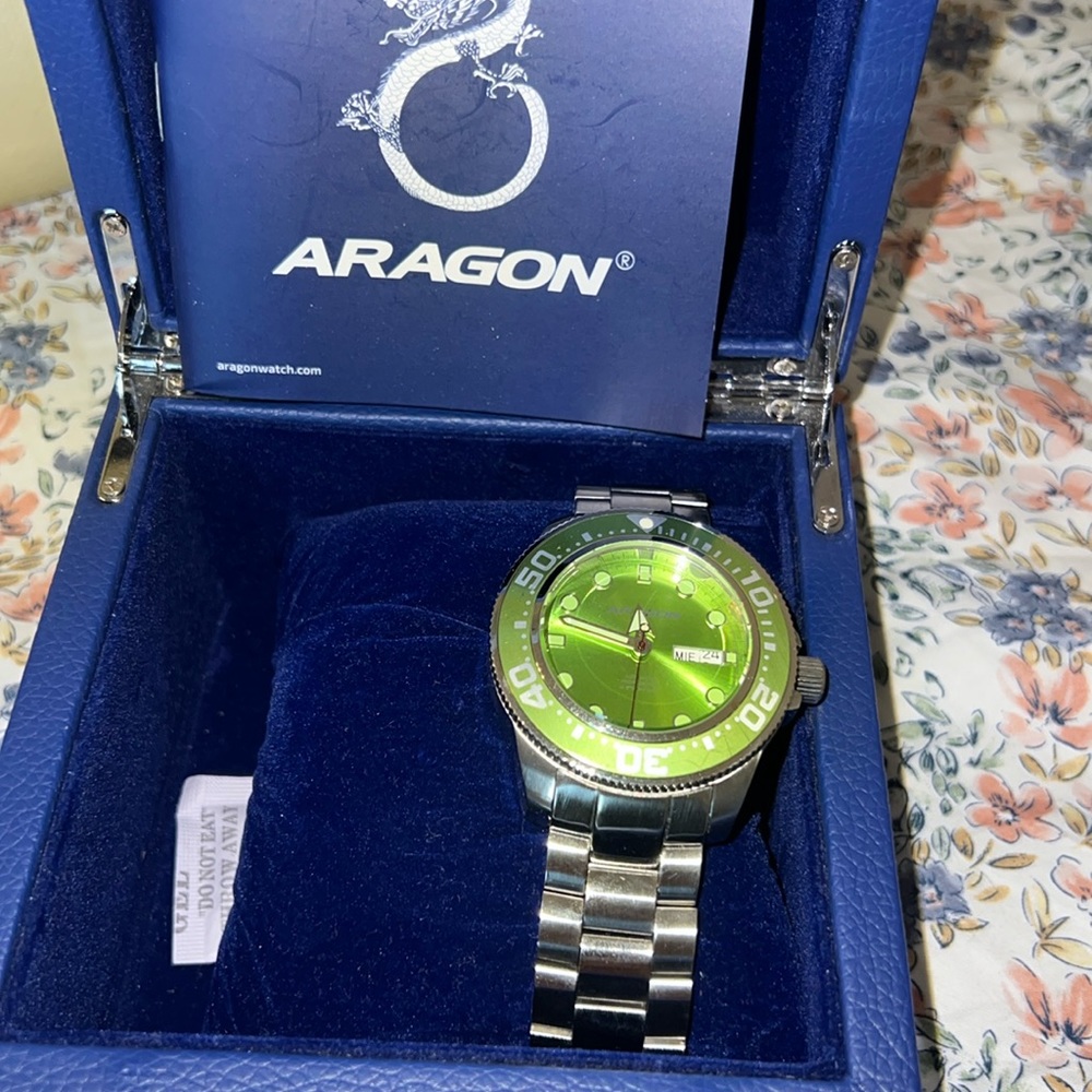 Aragon auto green face watch. Seiko movement new in box. Sold